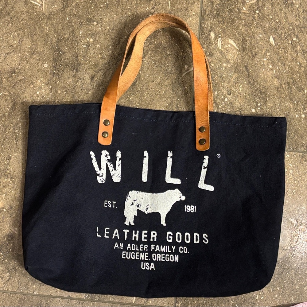 Will Leather Goods Navy cotton tote with tan leather handles